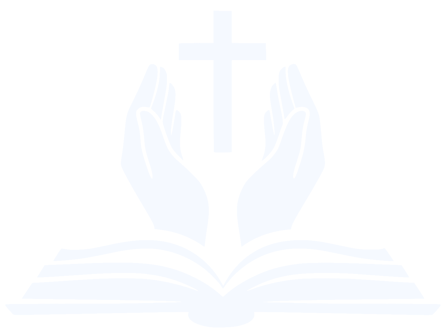 Praying hands over an open Bible